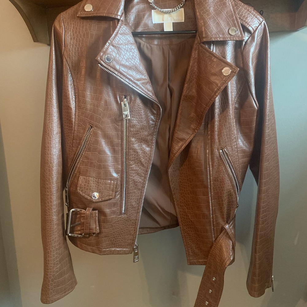 Michael Kors Brown Faux Leather Croc-Embossed Moto Jacket - Women